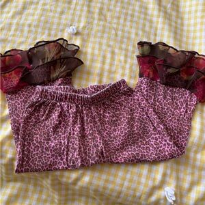 Pink funky boho Leopard Print Pants with Floral Ruffle